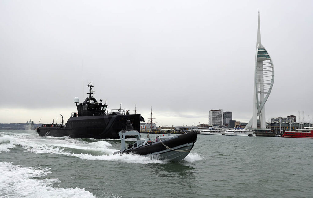 The UK Royal Navy’s (RN’s) experimental vessel (XV) Patrick Blackett is pictured conducting trials with an ‘APAC24’ uncrewed seaboat off Portsmouth, UK in November 2024. Patrick Blackett is the RN’s testbed vessel for accelerating delivery of autonomous concepts and capabilities to frontline operators. (Crown copyright 2024)