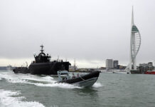 The UK Royal Navy’s (RN’s) experimental vessel (XV) Patrick Blackett is pictured conducting trials with an ‘APAC24’ uncrewed seaboat off Portsmouth, UK in November 2024. Patrick Blackett is the RN’s testbed vessel for accelerating delivery of autonomous concepts and capabilities to frontline operators. [Crown copyright 2024]