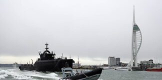 The UK Royal Navy’s (RN’s) experimental vessel (XV) Patrick Blackett is pictured conducting trials with an ‘APAC24’ uncrewed seaboat off Portsmouth, UK in November 2024. Patrick Blackett is the RN’s testbed vessel for accelerating delivery of autonomous concepts and capabilities to frontline operators. [Crown copyright 2024]