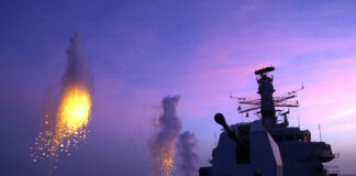 A Mk 245 IR seduction round being fired from a RN Type 23 frigate. The Mk 245 deploys a series of sub-munitions in a ‘walk-off’ pattern. [Crown Copyright]