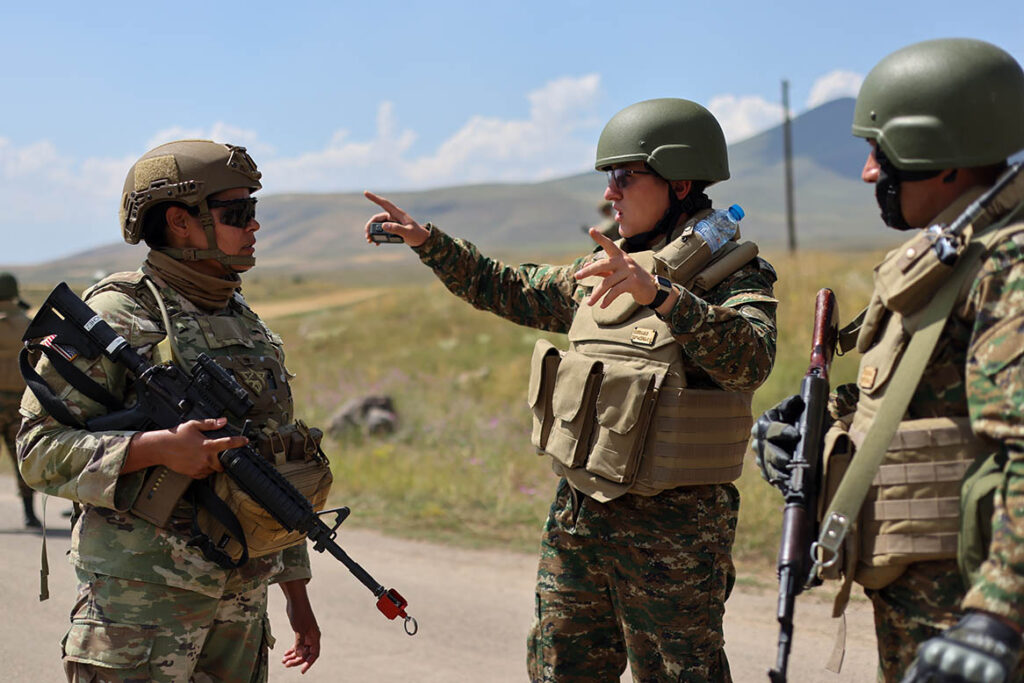 US and Armenian soldiers participate in a patrol lane during exercise Eagle Partner 24 at Zar, Armenia, 23 July 2024. [US Army/Spc Alexcia Rupert]