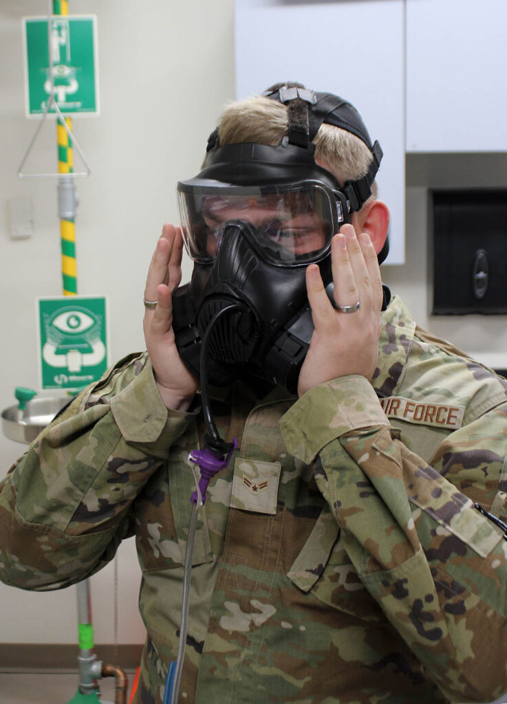 An Airman with the 127th Civil Engineer Squadron participates in a gas mask fit test at Selfridge Air National Guard Base, Michigan, on 14 October 2023. [US ANG/Senior Master Sgt Dan Heaton]