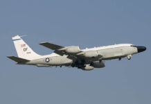 The RC-135V/W Rivet Joint is perhaps the most recognisable Western SIGINT aircraft. The aircraft’s comprehensive array of COMINT DF antenna is clearly visible beneath the fuselage, while the distinctive ‘chipmunk cheeks’ at the forward fuselage contain its ‘Automatic Electronic Emitter Locator System’ (AEELS). [Luca Chadwick]