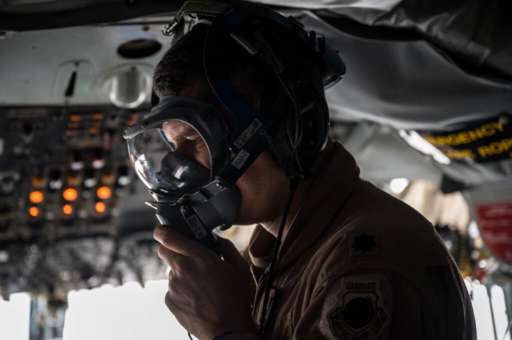 The MBU-20A/P oxygen mask varies the oxygen flow, automatically, depending on altitude and delivers supplemental oxygen to aircrew to prevent hypoxia at high altitudes, or in emergencies. [USAF/SSgt Sean Carnes]