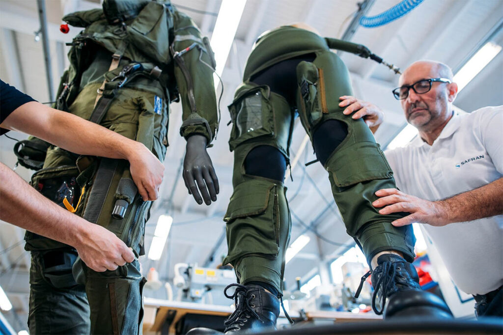 Anti-G suit leakage testing in-house at Safran Aerosystems. Anti-G suits protect against the negative effects of extreme gravitational forces, such as grey-outs. [Safran]