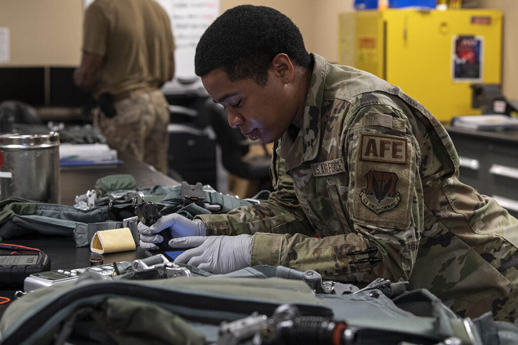A-10C Thunderbolt II pilot harnesses are inspected every 30 days by the AFE team. [USAF/A1C Deanna Muir]