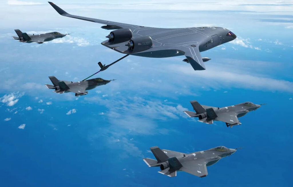 CG render of Jetzero’s BWB tanker concept. Development of the NGAD was driven by the growing size of China’s A2/AD (Anti-Access/Area Denial) envelope, which risk pushing allied enablers, including tankers, so far back that even stealthy attack aircraft may be kept out of the fight. This has driven the requirement for a Next Generation Air Refuelling System. [USAF]
