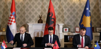 : Signing of Declaration on Military Cooperation between Defence Ministers of Albania, Croatia and Kosovo, in Tirana, on 18 March 2025. [Croatian MoD]
