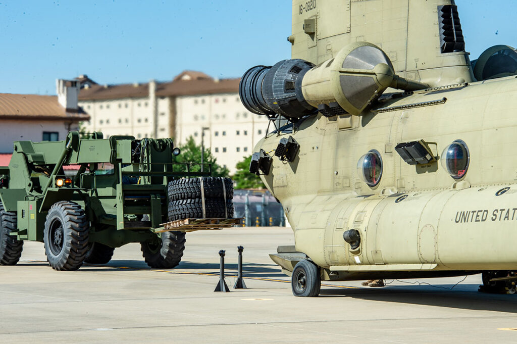 A Davis IR suppressor on the engine of a CH-47F, at Desiderio Army Airfield, on 5 October 2023. [US Army/Richard Kim]