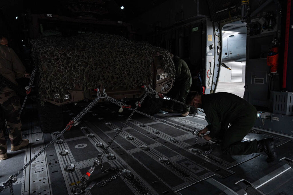 April 2024, Carcassonne, France: Two Serval armoured vehicles in combat order of the 3e régiment de parachutistes d'infanterie de marine (3e RPIMa) were loaded on to an A400M transport aircraft of 4/61 Béarn transport squadron, Armée de l'air et de l’espace, and ready for take-off in 15 minutes. [Armée de l'air et de l’espace]