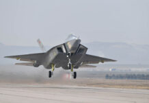 Kaan’s first prototype taking off for its 13-minute, maiden flight in February 2024, when it reached 2,438 m (8,000 ft) and a speed of 426 km/h (230 kn). The prototype’s second flight took place a few months later, in May, when it reached 3,048 m (10,000 ft). [TAI]