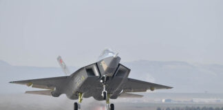 Kaan’s first prototype taking off for its 13-minute, maiden flight in February 2024, when it reached 2,438 m (8,000 ft) and a speed of 426 km/h (230 kn). The prototype’s second flight took place a few months later, in May, when it reached 3,048 m (10,000 ft). [TAI]