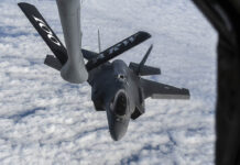 An F-35A assigned to the Royal Netherlands Air Force’s 322 Squadron manoeuvres to connect with ‘Quid93’s’ flying-boom system over the North Sea during Exercise Ramstein Flag 2025, on 9 April 2025. [Luca Chadwick]