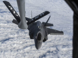 An F-35A assigned to the Royal Netherlands Air Force’s 322 Squadron manoeuvres to connect with ‘Quid93’s’ flying-boom system over the North Sea during Exercise Ramstein Flag 2025, on 9 April 2025. [Luca Chadwick]