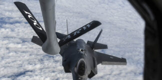 An F-35A assigned to the Royal Netherlands Air Force’s 322 Squadron manoeuvres to connect with ‘Quid93’s’ flying-boom system over the North Sea during Exercise Ramstein Flag 2025, on 9 April 2025. [Luca Chadwick]