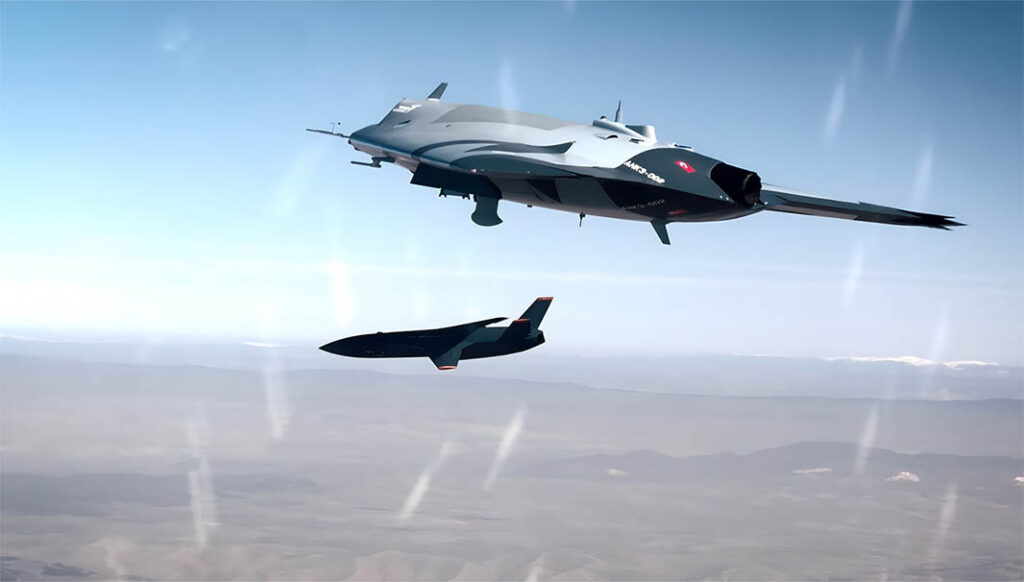 TAI is working on a manned-unmanned teaming (MUM-T) concept between Kaan and Turkish UAV makers, including Baykar. MUM-T with systems like the Anka III UAV (pictured releasing Super Simsek, a high-speed, multi-role UAV), is one of the advanced capabilities of Kaan and a future doctrinal essential for any 5th and, eventually, 6th-Gen manned fighter aircraft. [TAI]