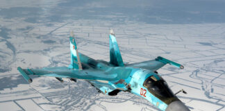 The Sukhoi 34 multirole bomber has become a key element in Russia’s glide bomb strikes. It is often escorted by Su-35 air superiority fighters. [Russian MoD]
