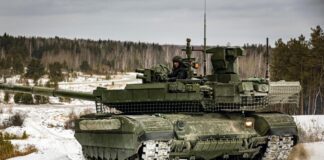 The T-90M MBT equipped with Arena-M APS, during trials. [UVZ]