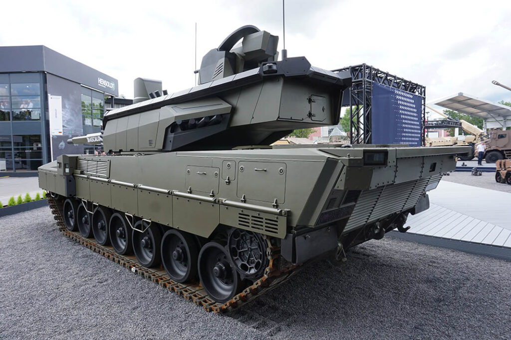 A mock-up of Thales’ Diamant hard-kill APS was shown on the EMBT-ADT 140 prototype shown at Eurosatory 2024. It is shown here as a black strip of effector modules running along the top of the turret, with radars at the turret corners. [Mark Cazalet]