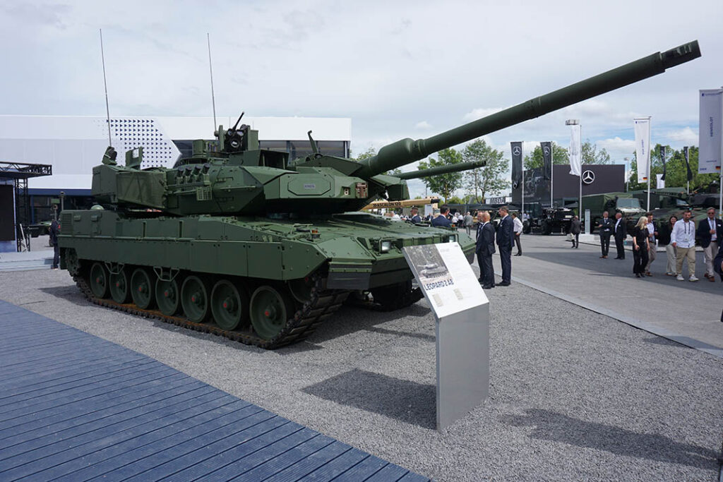 The Leopard 2A8 on display at Eurosatory 2024. This variant introduces the Trophy hard-kill APS. [Mark Cazalet]
