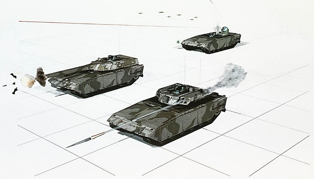 The MGCS concept consists of three vehicles: a manned MBT (top left), a manned missile carrier (front) and an unmanned sensor and NLOS weapon carrier (rear right). [Bundeswehr]
