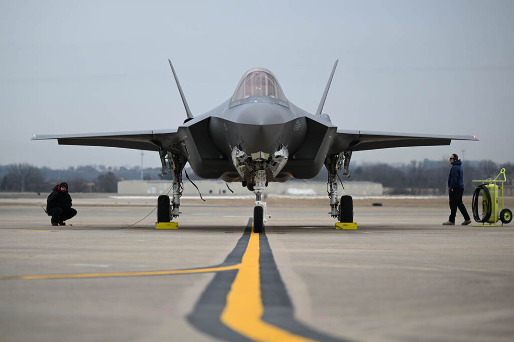 A Polish F-35A pilot executes ground operations at Ebbing Air National Guard Base, Arkansas on 29 January 2025. Poland will ultimately have three F-16 squadrons, two F-35 squadrons, and three FA-50 squadrons. However, it is widely believed that Poland’s needs are greater, with a target of ten combat squadrons. [USAF/SrA Abigail Duell]