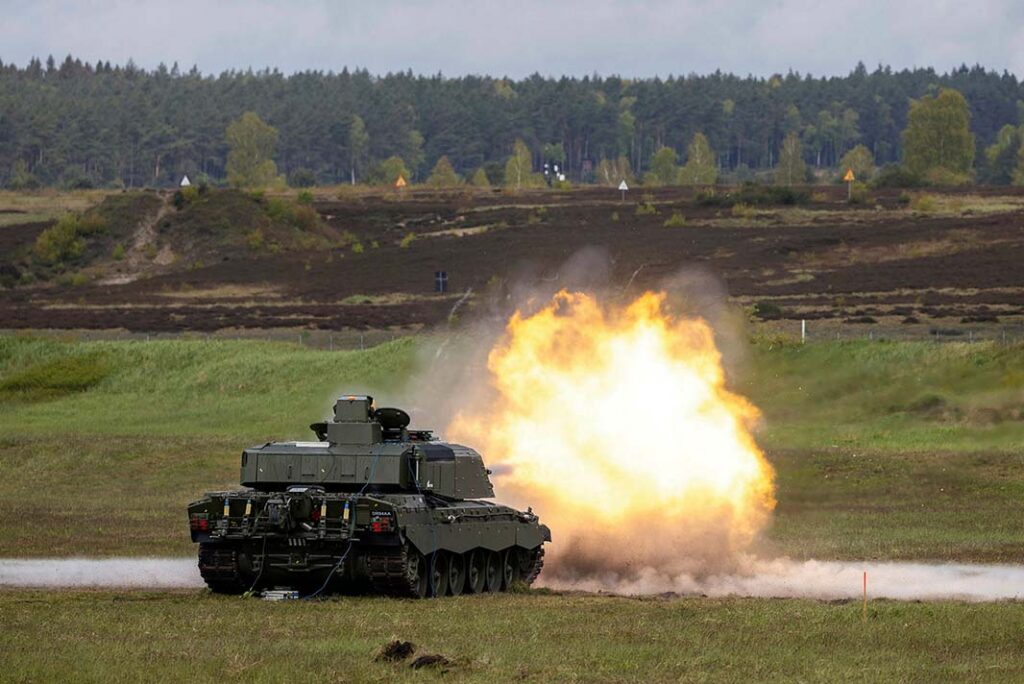 Seen here undergoing firing trials in Germany, the Challenger 3 will be armed with Rheinmetall’s L55A1 120 mm smoothbore main gun. [Crown copyright 2024]