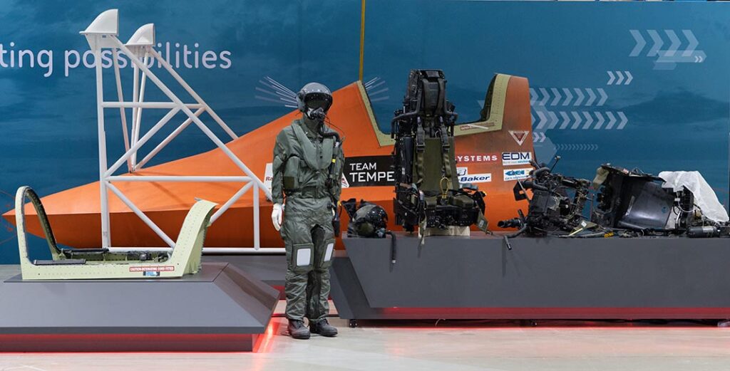 BAE Systems displayed the escape systems testing rig to invited journalists in Warton’s hangar five in June 2023, along with an intake duct and the hybrid rig. [BAE Systems]