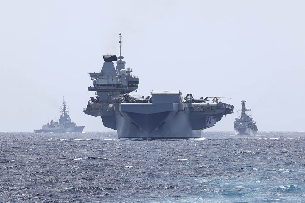 CSG assets including the Spanish Navy F-100 frigate ESPS Méndez Núñez (left) and the RN Type 23 frigate HMS Richmond work together in the Mediterranean. The CSG25 deployment is designed to demonstrate the UK’s reinforced commitment to NATO needs. (Crown copyright 2025)