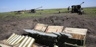 Two-piece 152 mm ammunition for a 2A65 Msta-B towed howitzer arranged for firing in a 2019 Russian exercise. Russia’s defence industry has had to expand significantly to even partly resource the country’s use of this ammunition. [Russian MoD]