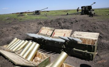 Two-piece 152 mm ammunition for a 2A65 Msta-B towed howitzer arranged for firing in a 2019 Russian exercise. Russia’s defence industry has had to expand significantly to even partly resource the country’s use of this ammunition. [Russian MoD]