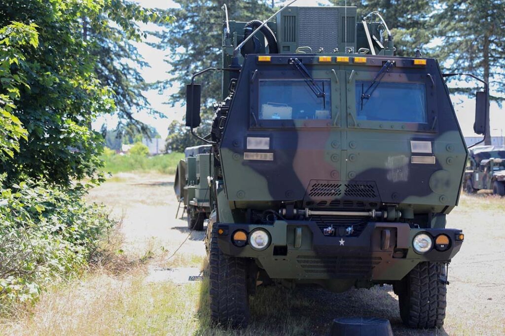 A Battery Operations Center assigned to Bravo Battery, 5th Battalion, 3rd Field Artillery (Long-Range Fires Battalion), 1st Multi-Domain Task Force, provides command and control for the battery during exercise Resolute Hunter 24-2 on JBLM on 25 June, 2024. [US Army/Cpt Ryan Debooy]