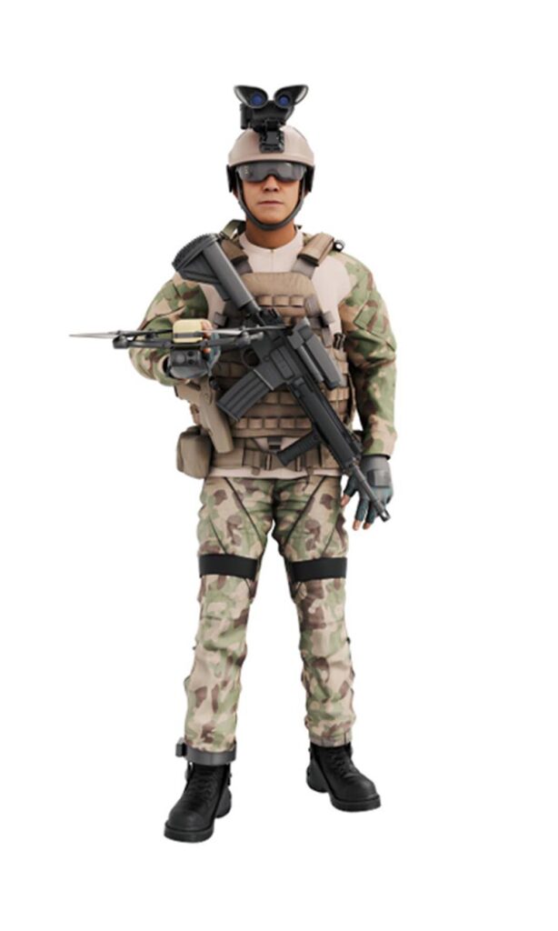 Concept of a near-future French soldier with technologies developed through the CENTURION programme. [Ministère des Armées]