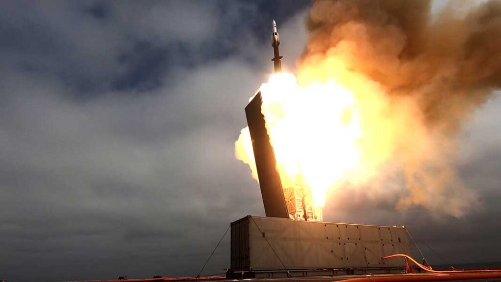 USS Savannah (LCS 28) launches an SM-6 missile during a demonstration of a containerised launch system, in the Eastern Pacific Ocean, on 24 October 2023. This was understood to be a developmental version of what would later become the US Army’s Typhon ground-based launch system for SM-6 and Tomahawk missiles. (US Navy)