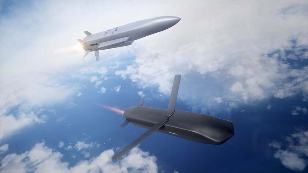 Artist’s impression of the two effectors being developed under FC/ASW. These comprise the ramjet-powered supersonic cruise missile known as RJ10 (top), and the low-observable turbojet-powered subsonic cruise missile TP15 (bottom). (MBDA)
