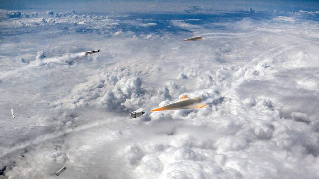 : Concept image of hypersonic missiles being deployed to intercept hypersonic glide vehicles. DARPA presented the image as an illustration on its Glide Breaker programme page. (DARPA)
