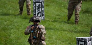 A soldier with the 1st Battalion 87th Infantry Regiment, 10th Mountain Division using IVAS during a training exercise at Fort Drum, New York, on 31 July 2024.