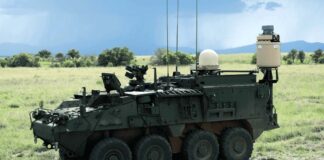 The US Army’s Terrestrial Layer System – Brigade Combat Team (TLS-BCT) mounted on a Stryker 8×8 vehicle. This system is designed to support troops in multi-domain operations. [US Army]