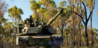 A US Army M1A2 Abrams main battle tank (MBT) from Comanche Company, 4th Battalion, 6th Infantry Regiment moves to a refuelling point during Exercise Talisman Sabre 23 at the Townsville Field Training Area, Townsville, Australia, 25 July 2023. [US Army/Spc Charlie Duke]