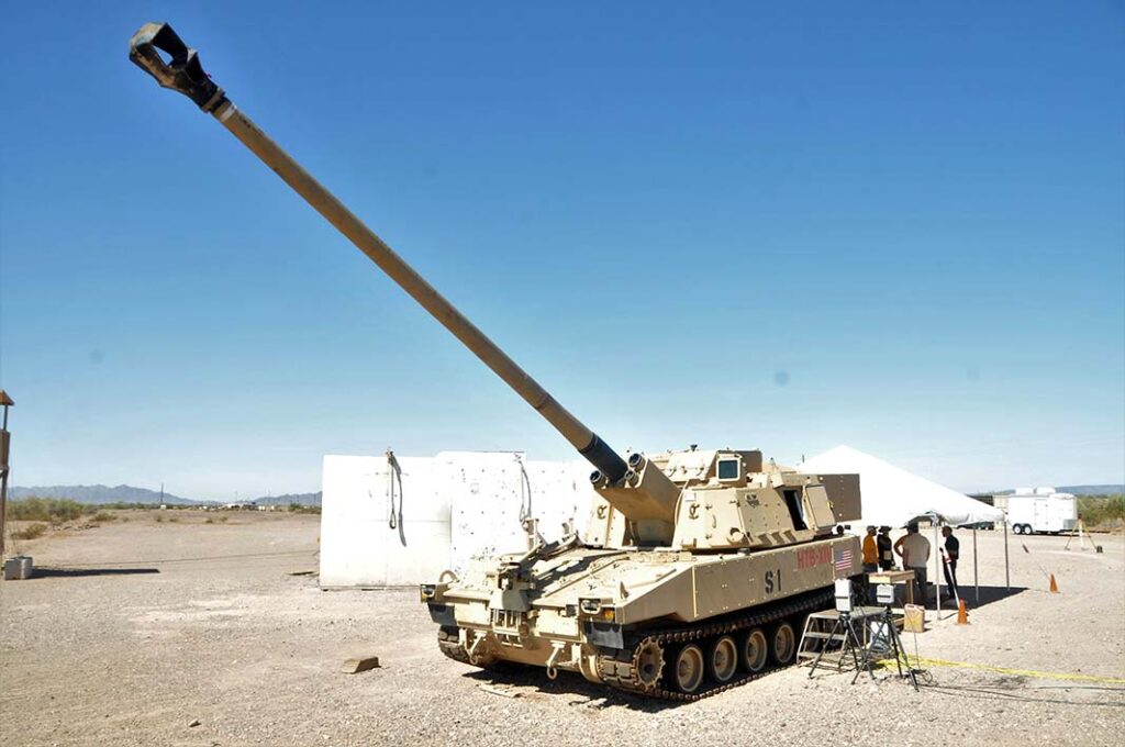 The ERCA autoloader being tested at Yuma Proving Ground in June 2019. Although the US Army conducted a number of successful tests with ERCA prototypes, engineering issues, such as excessive wear on the 58-calibre gun tube after firing a relatively small number of rounds, led to the ERCA prototyping effort’s discontinuation in April 2024. [US Army]