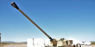 The ERCA autoloader being tested at Yuma Proving Ground in June 2019. Although the US Army conducted a number of successful tests with ERCA prototypes, engineering issues, such as excessive wear on the 58-calibre gun tube after firing a relatively small number of rounds, led to the ERCA prototyping effort’s discontinuation in April 2024. [US Army]