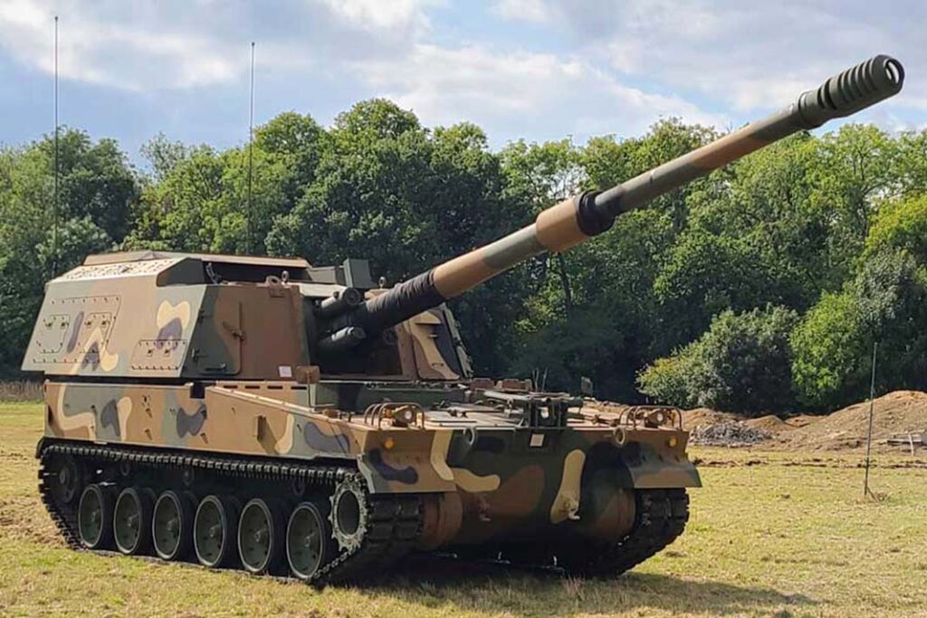 A K9A2 being put through its paces at the UK’s Millbrook Proving Ground. The K9A2 features a fully automatic handling system and an automatic turret, increasing its rate of fire to up to 10 rounds per minute, compared to the K9A1’s rate of six to eight rounds per minute. [Hanwha Aerospace]
