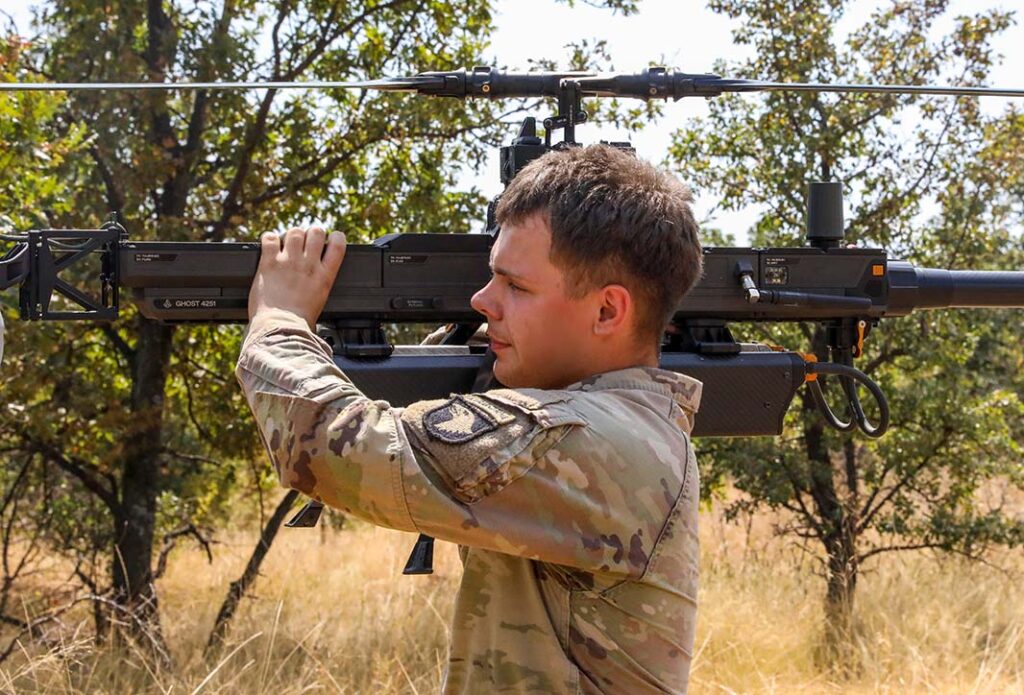 A soldier assigned to the 101st Airborne Division prepares an Anduril Ghost-X drone for integration into a live fire exercise at Novo Selo Training Area, Bulgaria, 12 August 2025. The Ghost-X is being procured for company level real-time ISR applications as part of the Army’s Transforming in Contact initiative. (US Army/Spc Breanna Bradford)