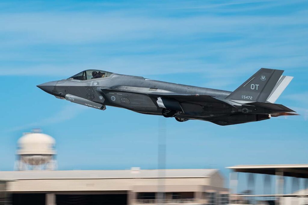 A USAF F-35A takes off at Nellis AFB Nevada. With each F-35 requiring 408 kg of Rare Earth Elements (REE), and with China responsible for 69.2% of REE production and 99% of REE processing, the US is now looking for alternative sources of REE supply. (USAF)