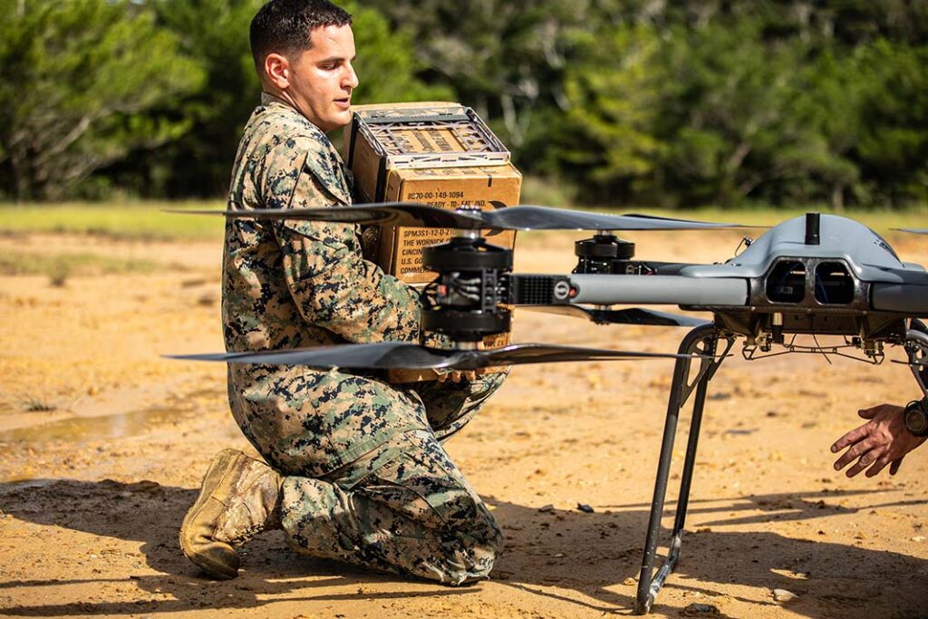 A US Marine Corps Tactical Resupply Vehicle (TRV)-150 prepares for takeoff. (USMC/SSgt Samuel Ruiz)