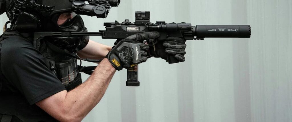 B+T in Thun, Switzerland, acquired the Steyr TMP design as the basis for their MP 9 SMG programme. This 9 × 19 mm weapon has had significant international sales success and can be fitted with accessories such as this B+T suppressor. (B+T)