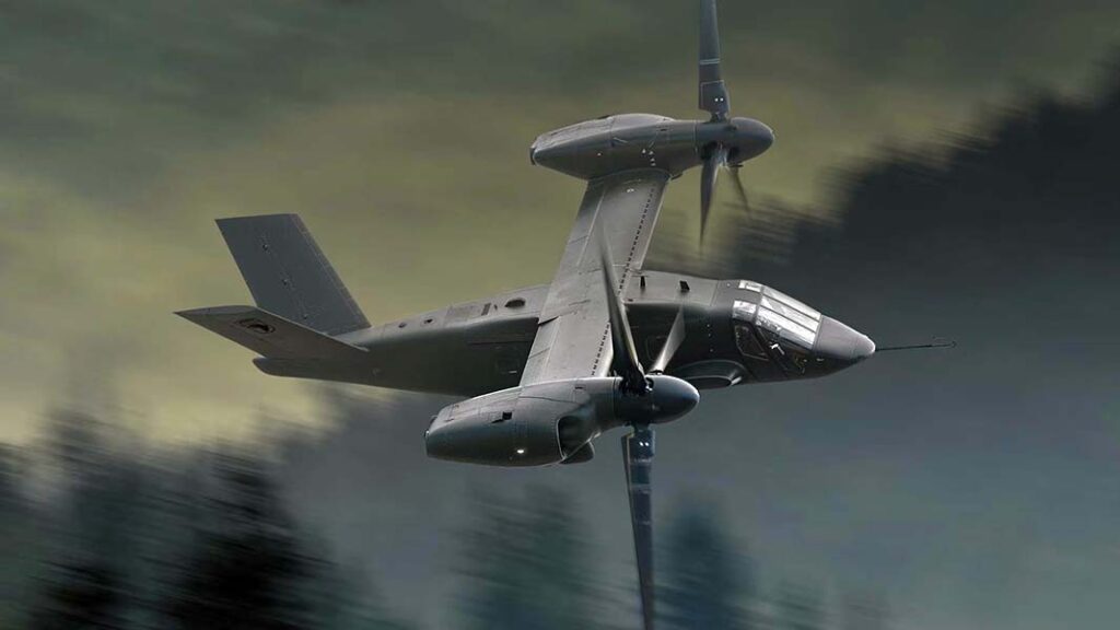 Bell’s V280 Valor tiltrotor craft in flight. The V280 design serves as the basis for the MV-75  being procured under the FLRAA programme. (Bell)