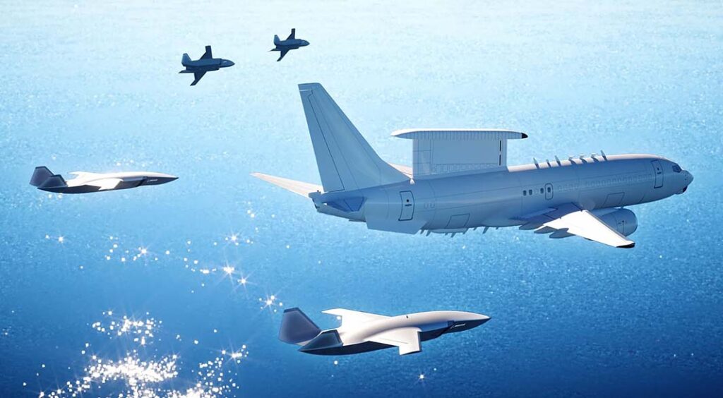 Artist’s rendering of an RAAF E-7A Wedgetail controlling/escorted by MQ-28 Ghost Bat wingmen. (Boeing)