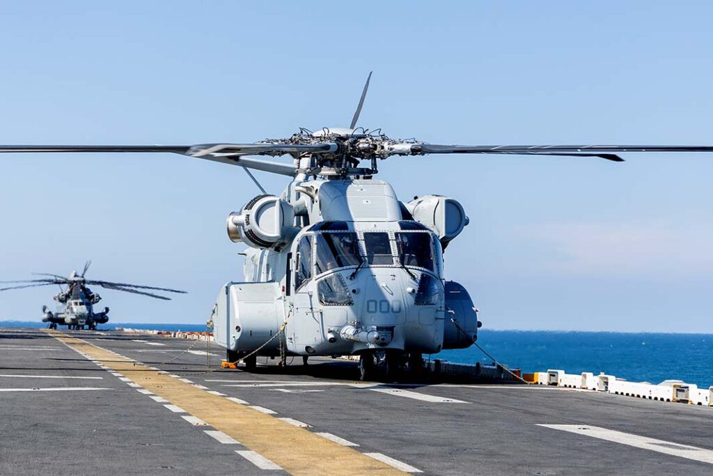 A US Marine Corps CH-53K King Stallion taxis aboard the Wasp class amphibious assault ship USS Iwo Jima while underway in the Atlantic Ocean on 10 July 2025. According to NAVAIR, the CH-53K’s payload “is almost triple the baseline of the CH-53E”. (USMC)