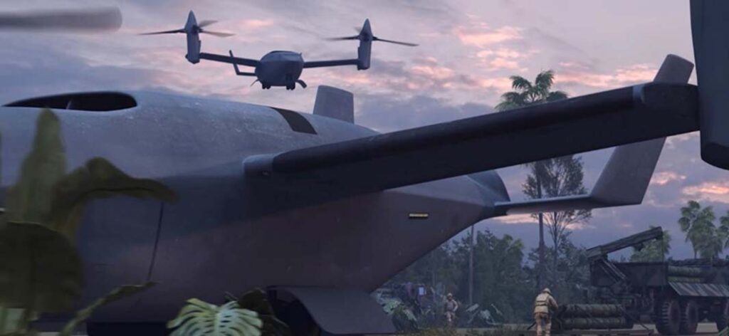 A CGI depicting Bell high-speed vertical take-off and landing (HSVTOL) rotorcraft in operation. The HSVTOL concepts being developed under the DARPA SPRINT project are designed to be scalable, meaning that a heavy-lift platform is likely at some point if the ‘tyranny of distance’ in the Asia-Pacific region is to be overcome. (Bell)